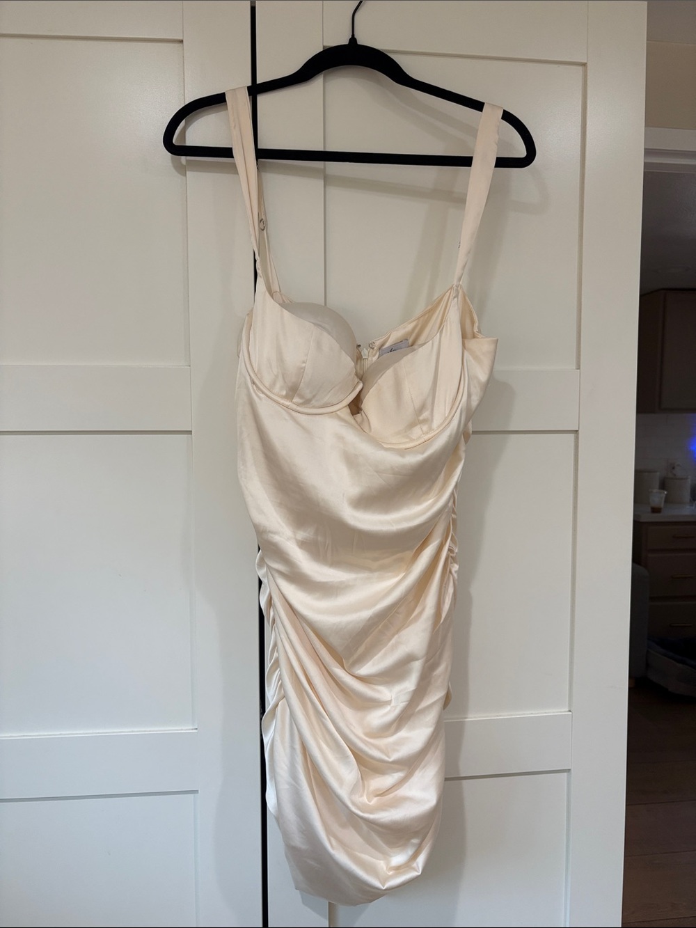 Oh Polly Women's Satin Ruched Mini Dress in Cream